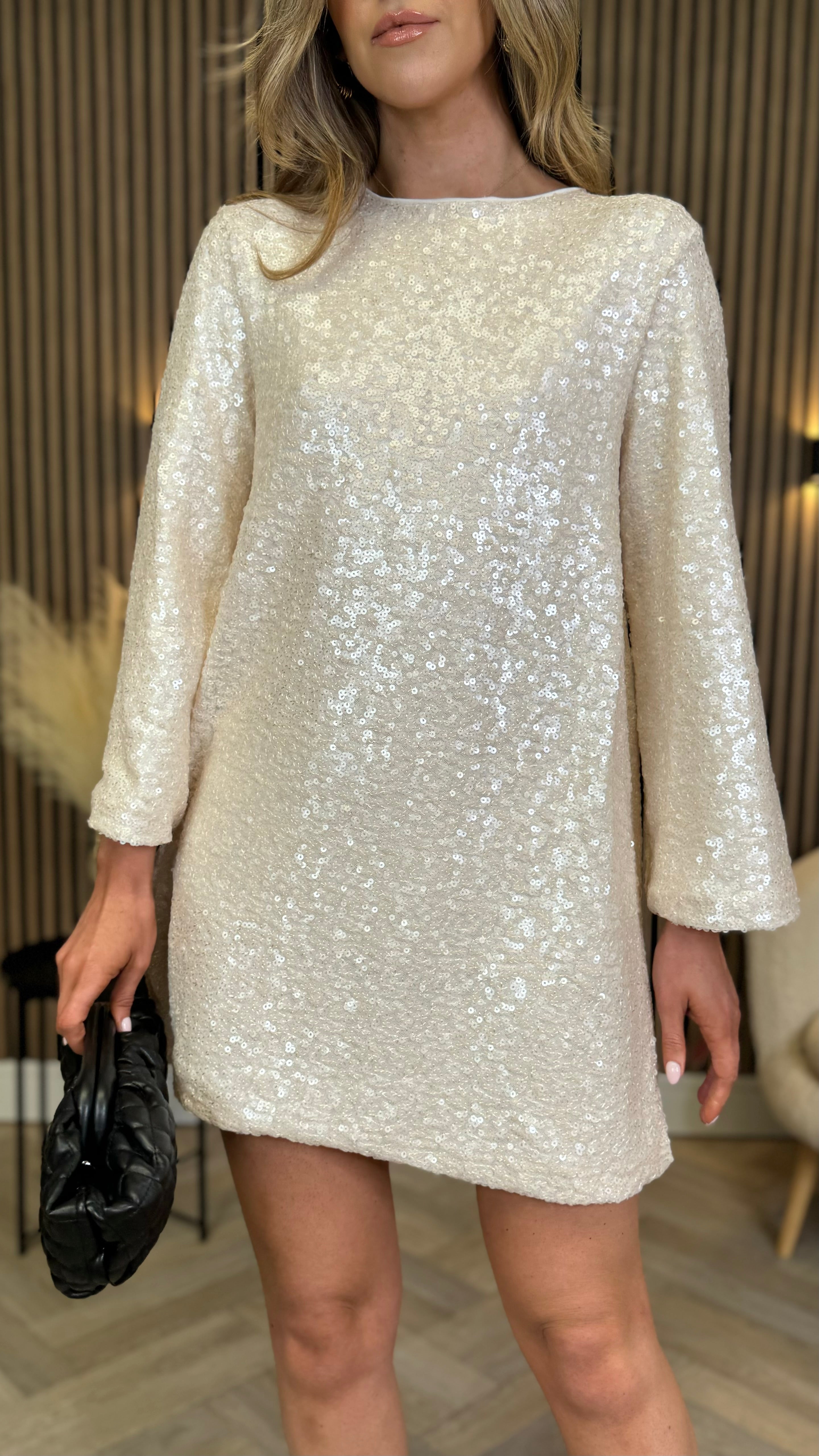 Nikita Cream Sequin With Black Bow Detail Mini Dress