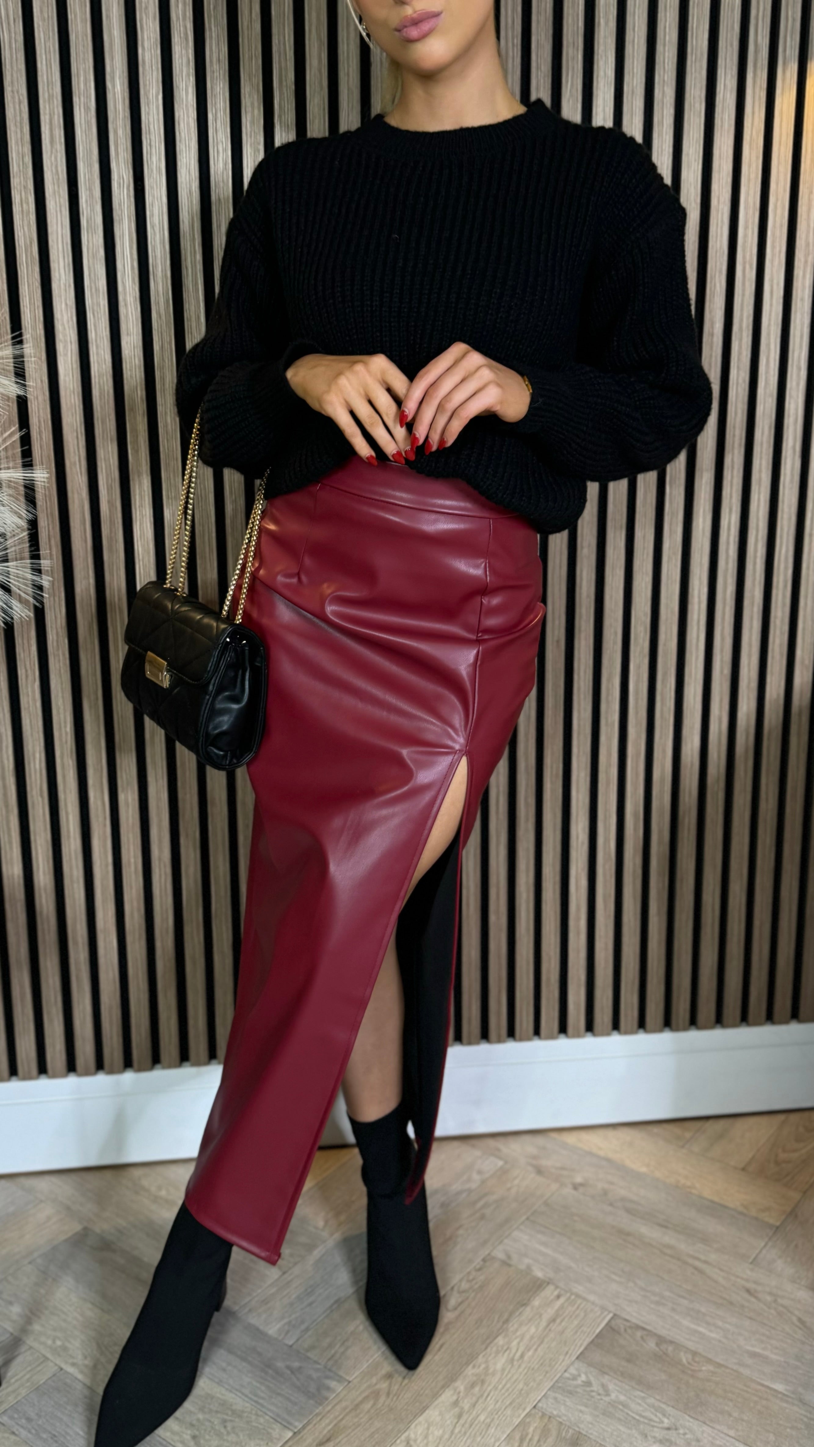 Burgundy leather look pencil skirt hotsell