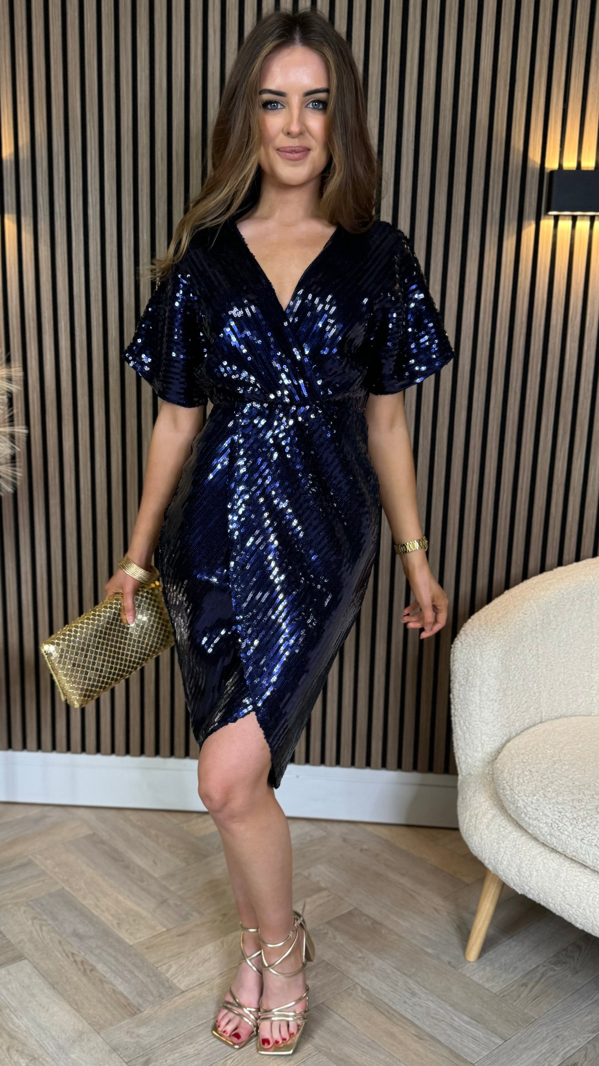 blue sequin wrap dress Sequin Wrap Dress in Blue & Navy
