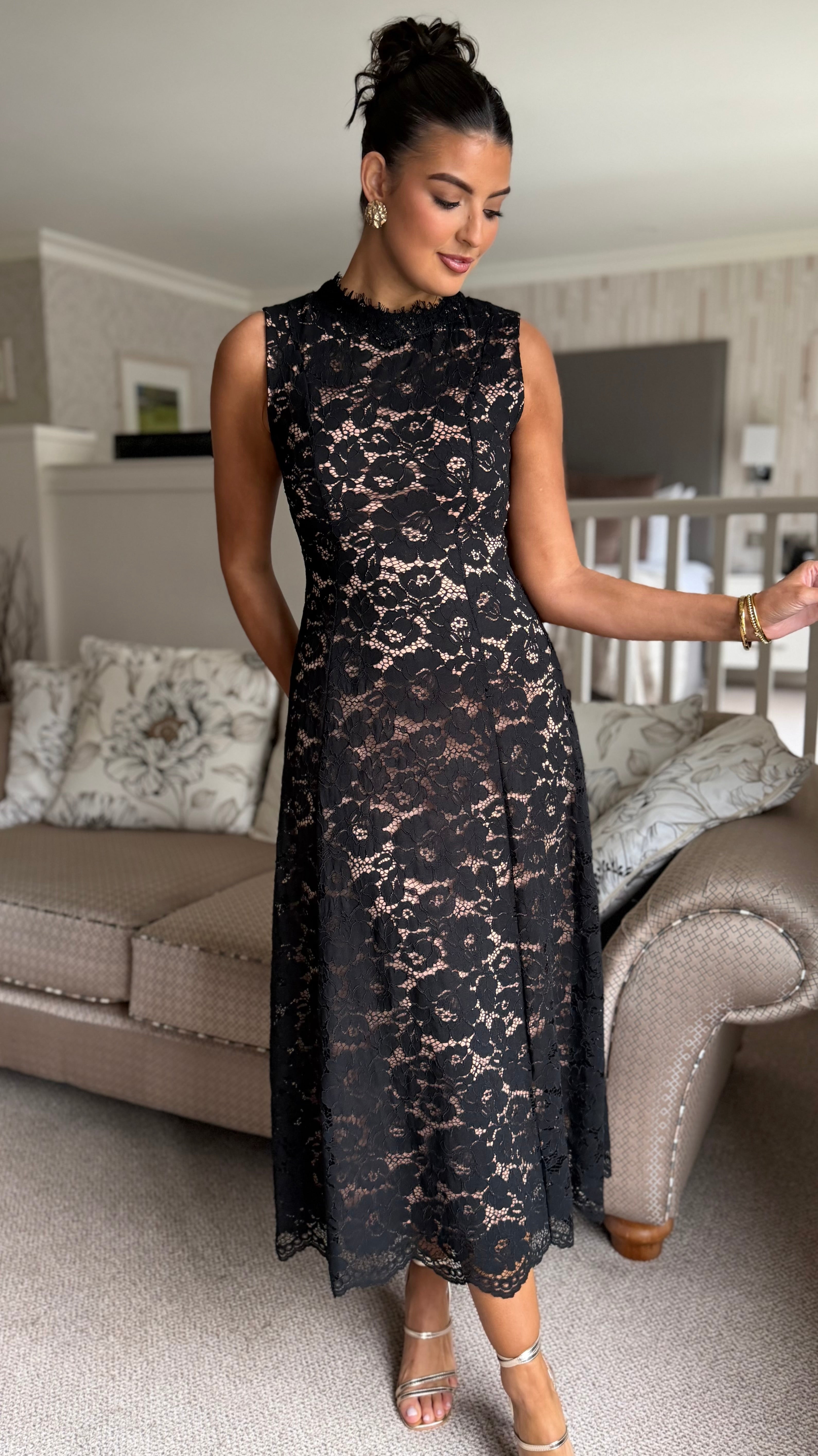 Margot Black Lace High Neck Midi Dress  Get That Trend