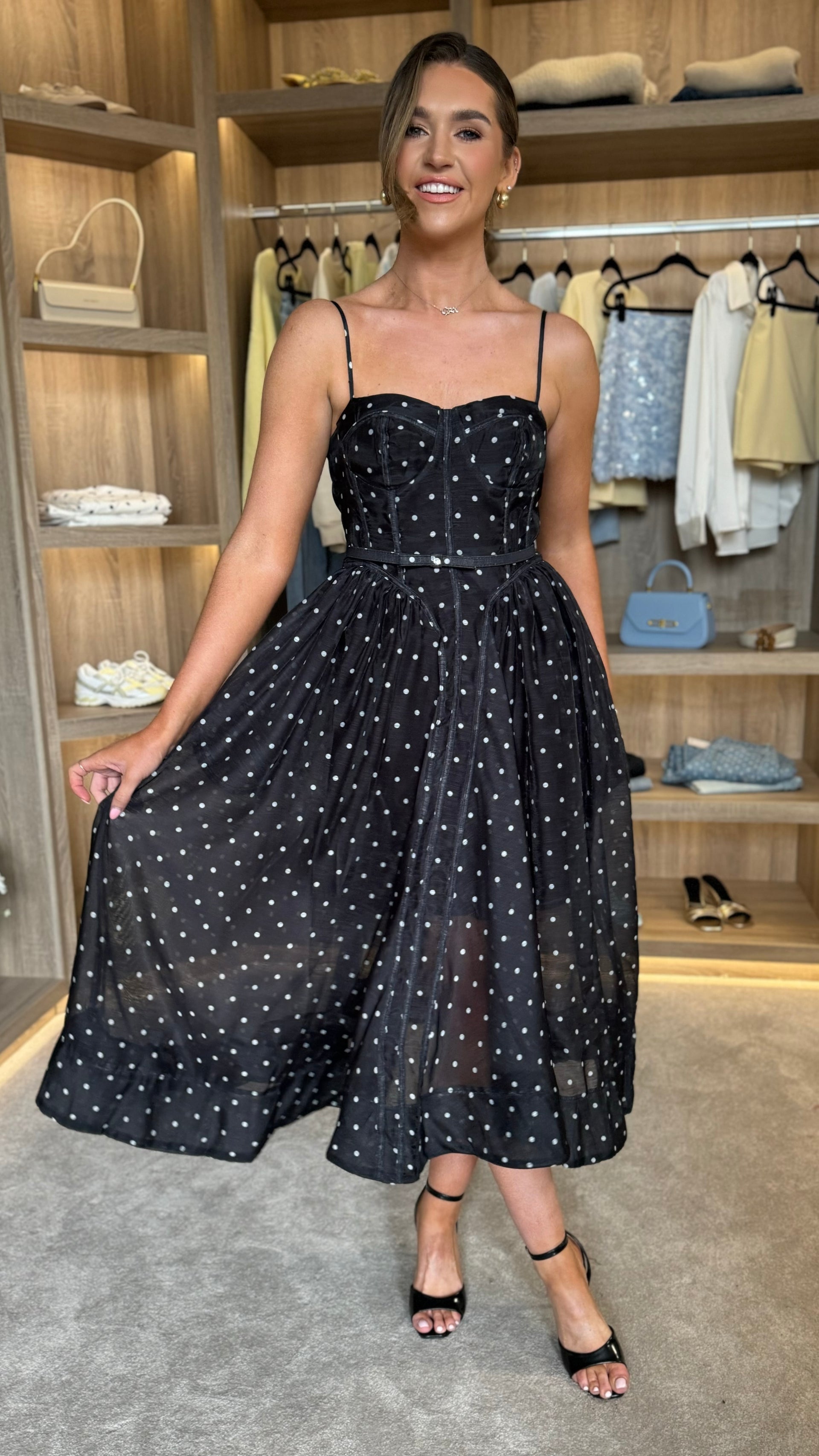 Vienna Black Polka Dot Cami Strap Corset Detail Midi Dress – Get That Trend