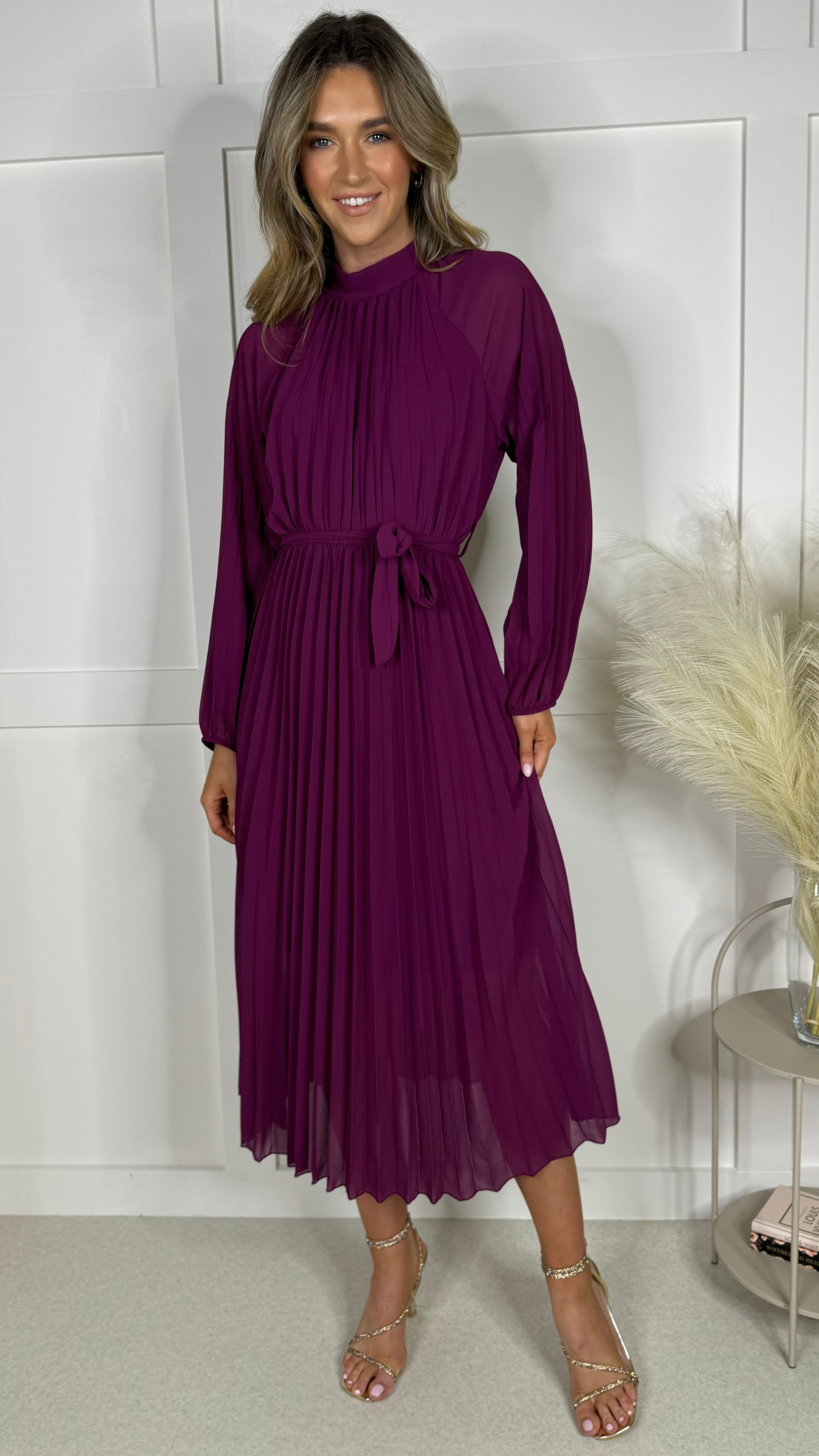 Minnie Purple High Neck Pleated Midi Dress Get That Trend