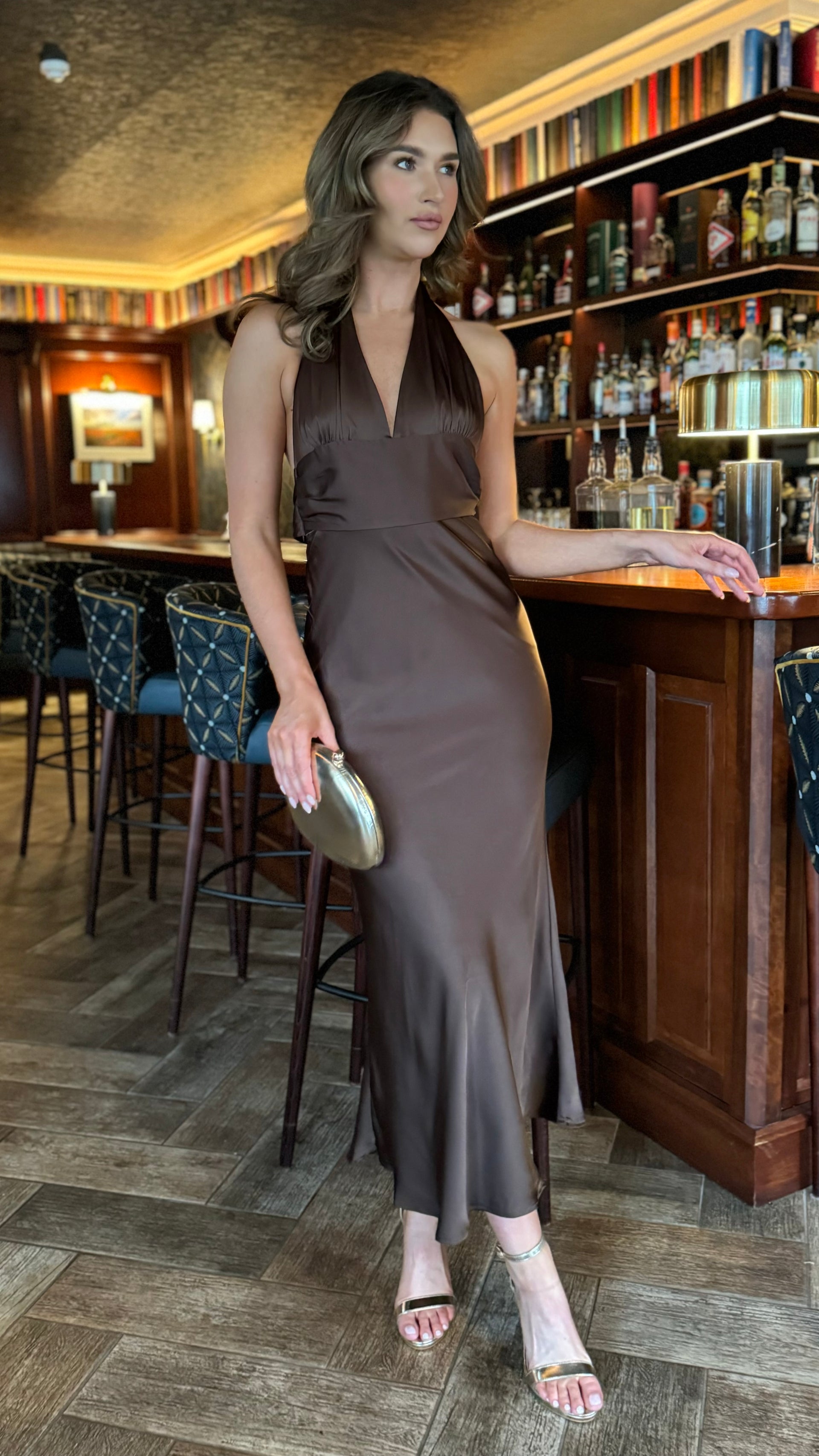 Keeva Brown Satin Halter Neck Backless Midi Dress  Get That Trend