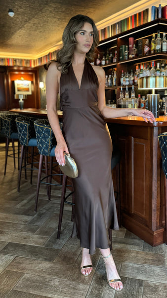Keeva Brown Satin Halter Neck Backless Midi Dress – Get That Trend