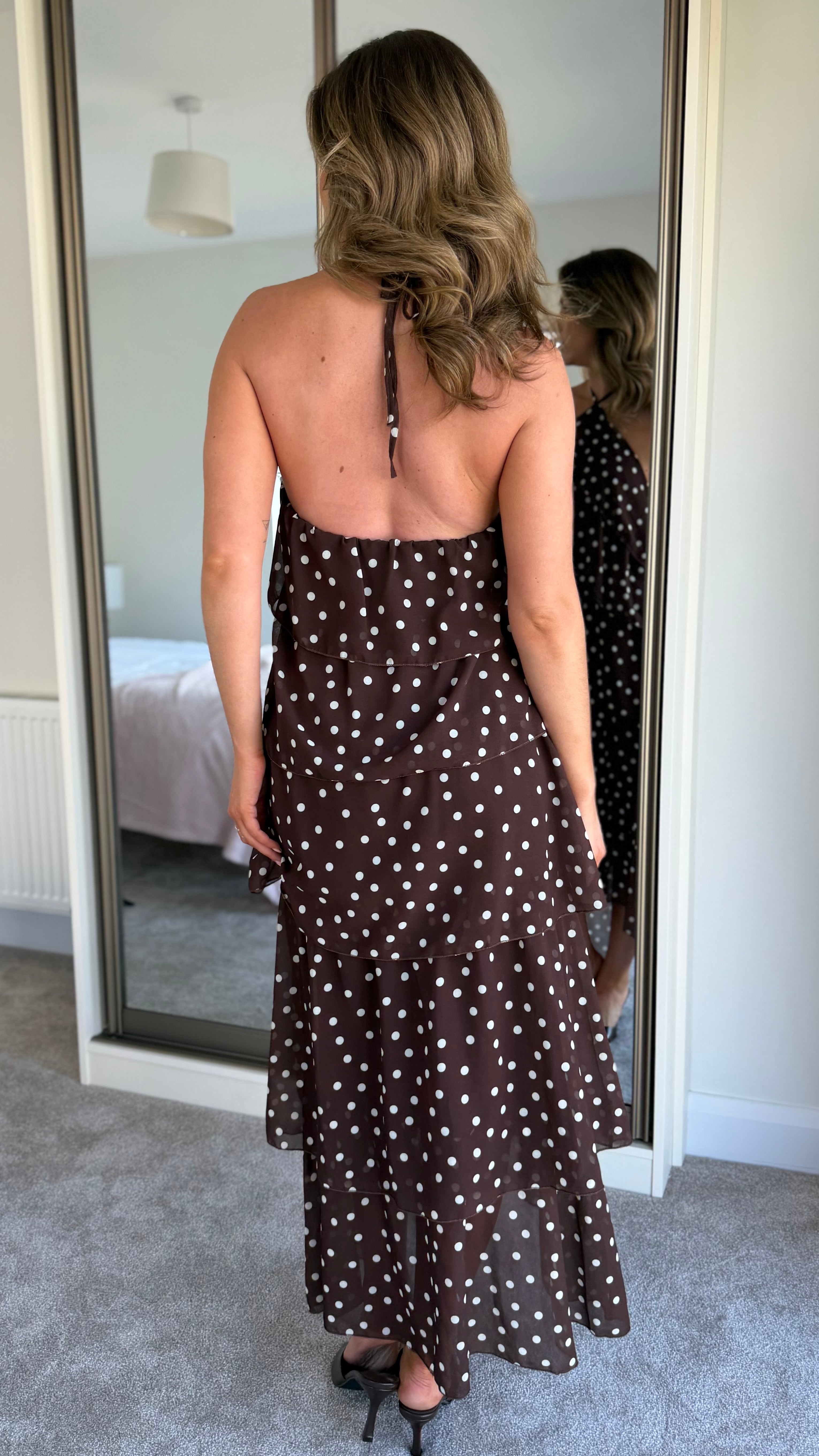 Amara Brown Polka Dot Tiered Maxi Dress Get That Trend Amara Brown Polka Dot Tiered Maxi Dress Get That Trend