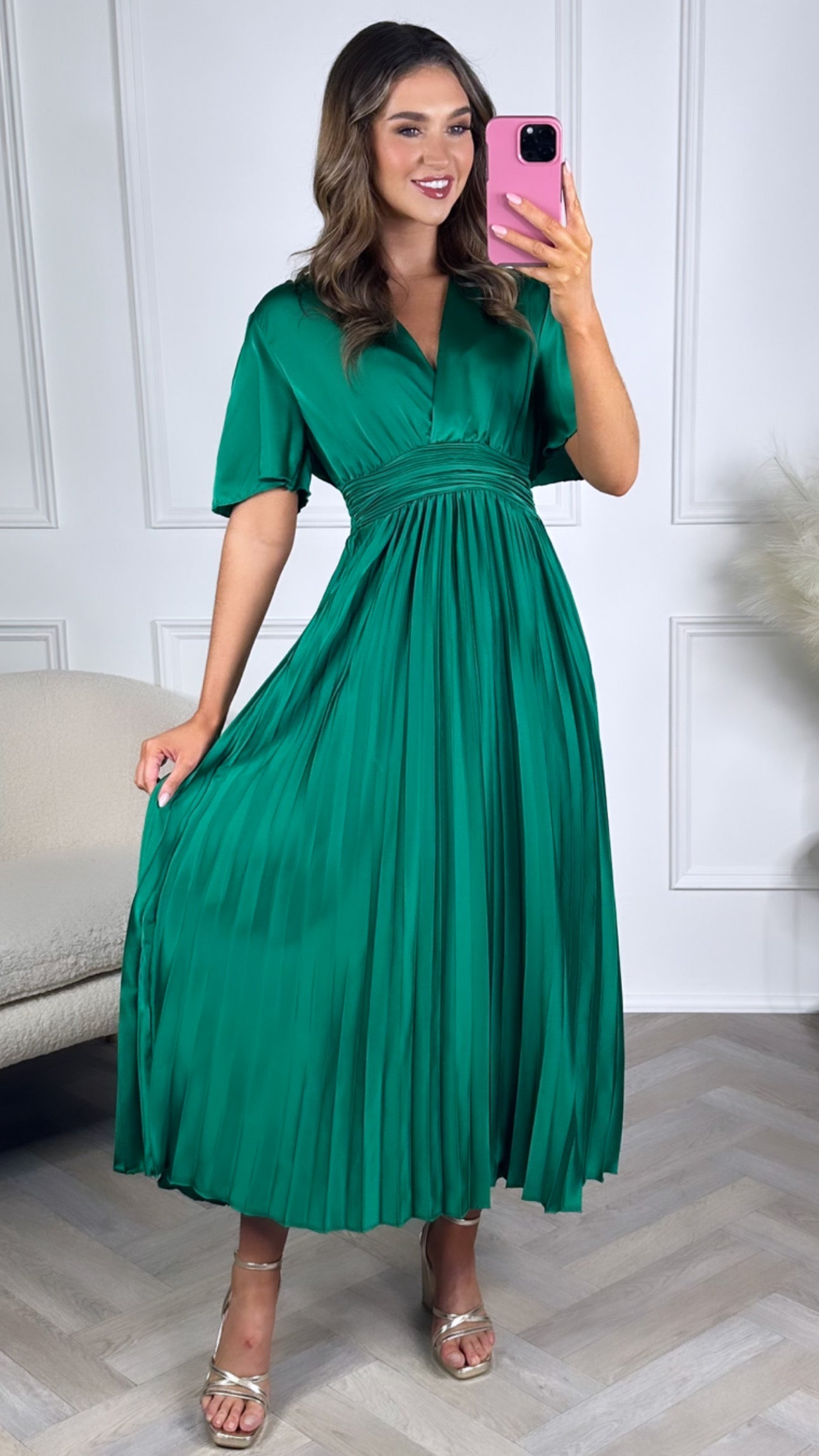 Green satin clearance pleated dress