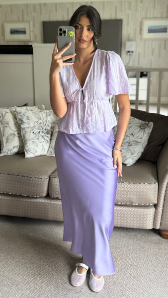 スカート [MATINKIM]glossy volume midi skirt in violet GLOSSY VOLUME MIDI SKIRT IN VIOLET - MATINKIM