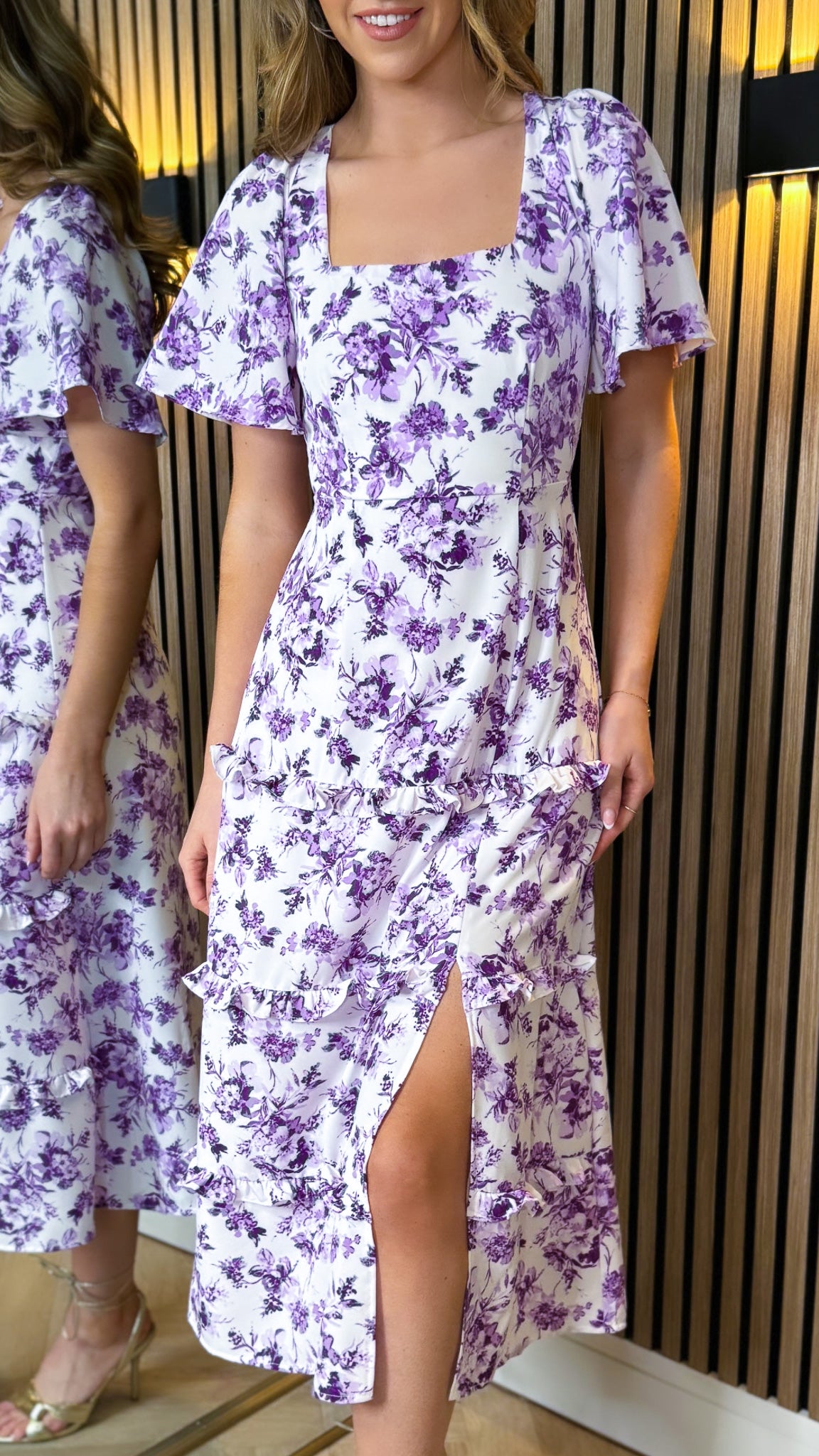 Purple floral frill maxi dress best sale