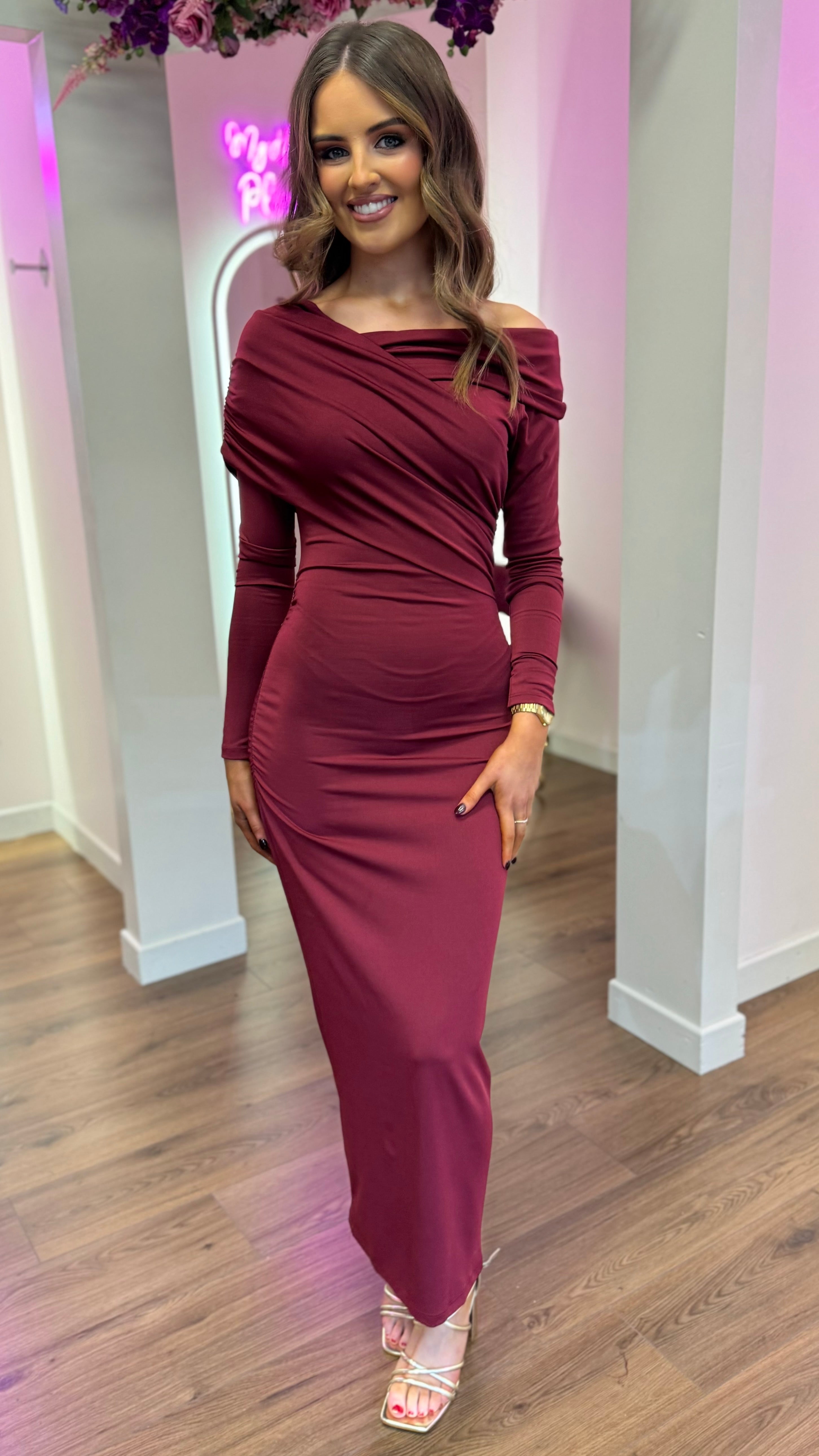 Sheridan Burgundy Off Shoulder Wrap Effect Midi Dress – Get That Trend