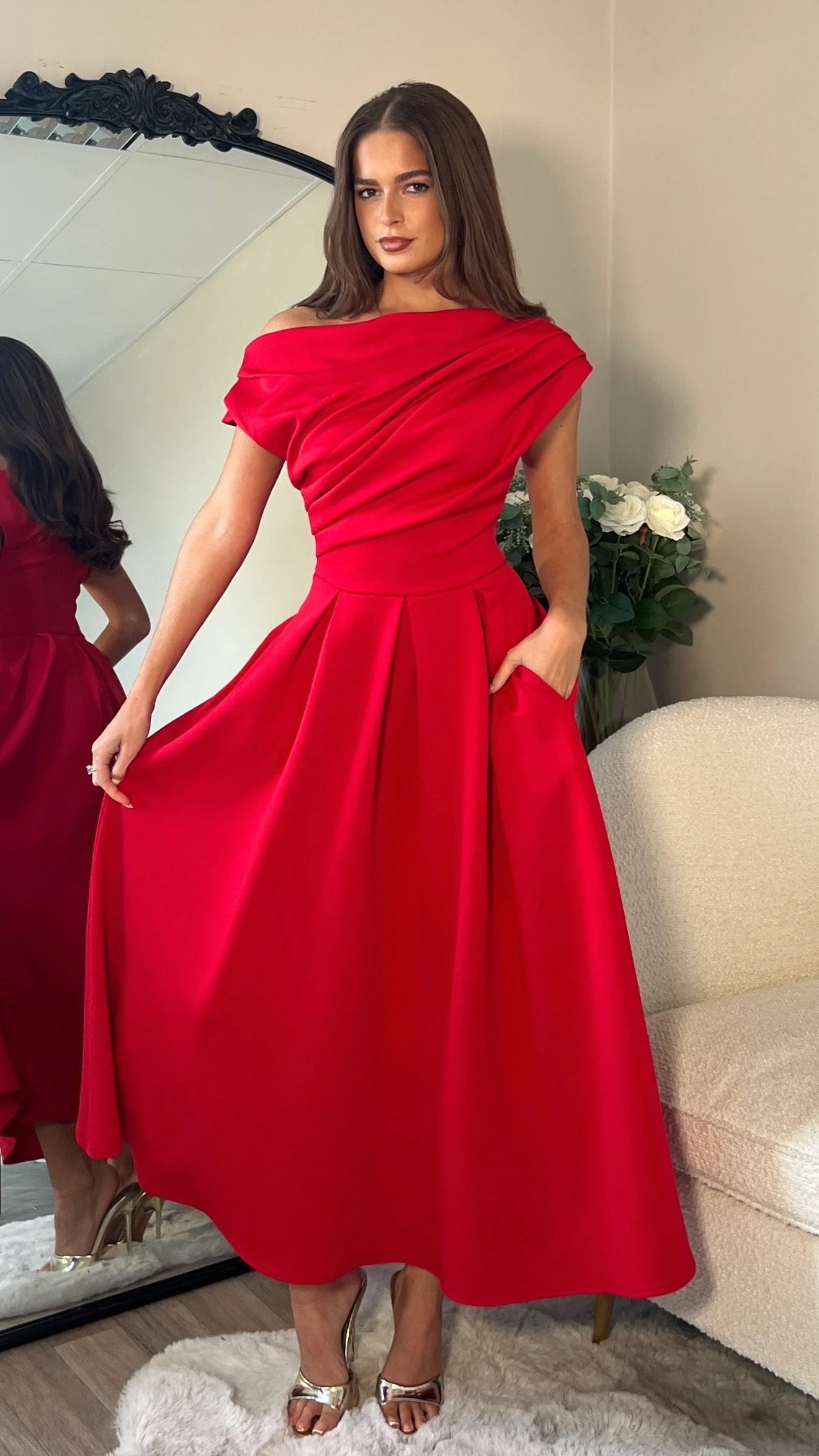 Jezebel Red Asymmetric Neck Skater Dress (PRE-ORDER) – Get That Trend