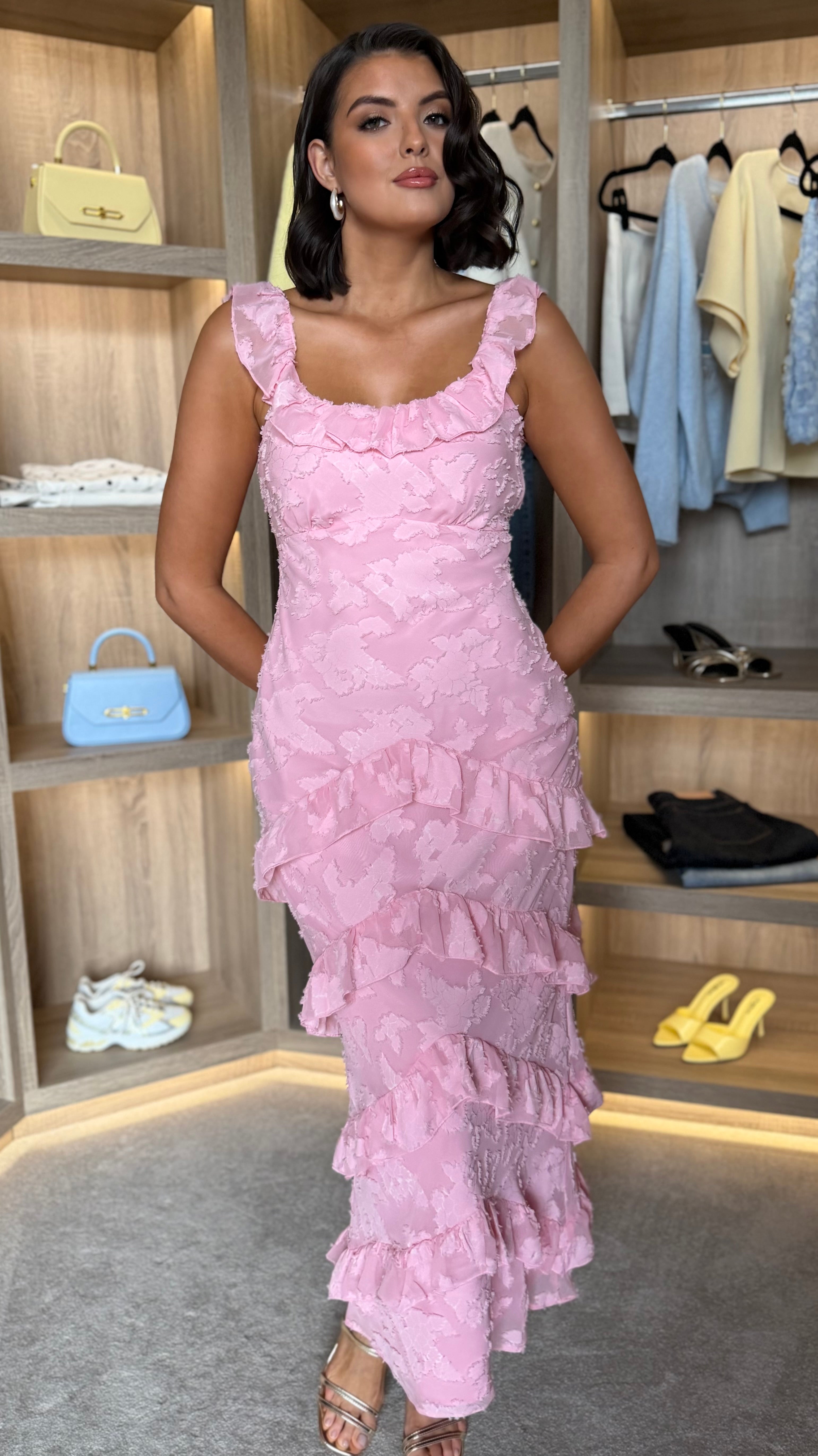 Amelia Pink Ruffle Maxi Dress – Get That Trend