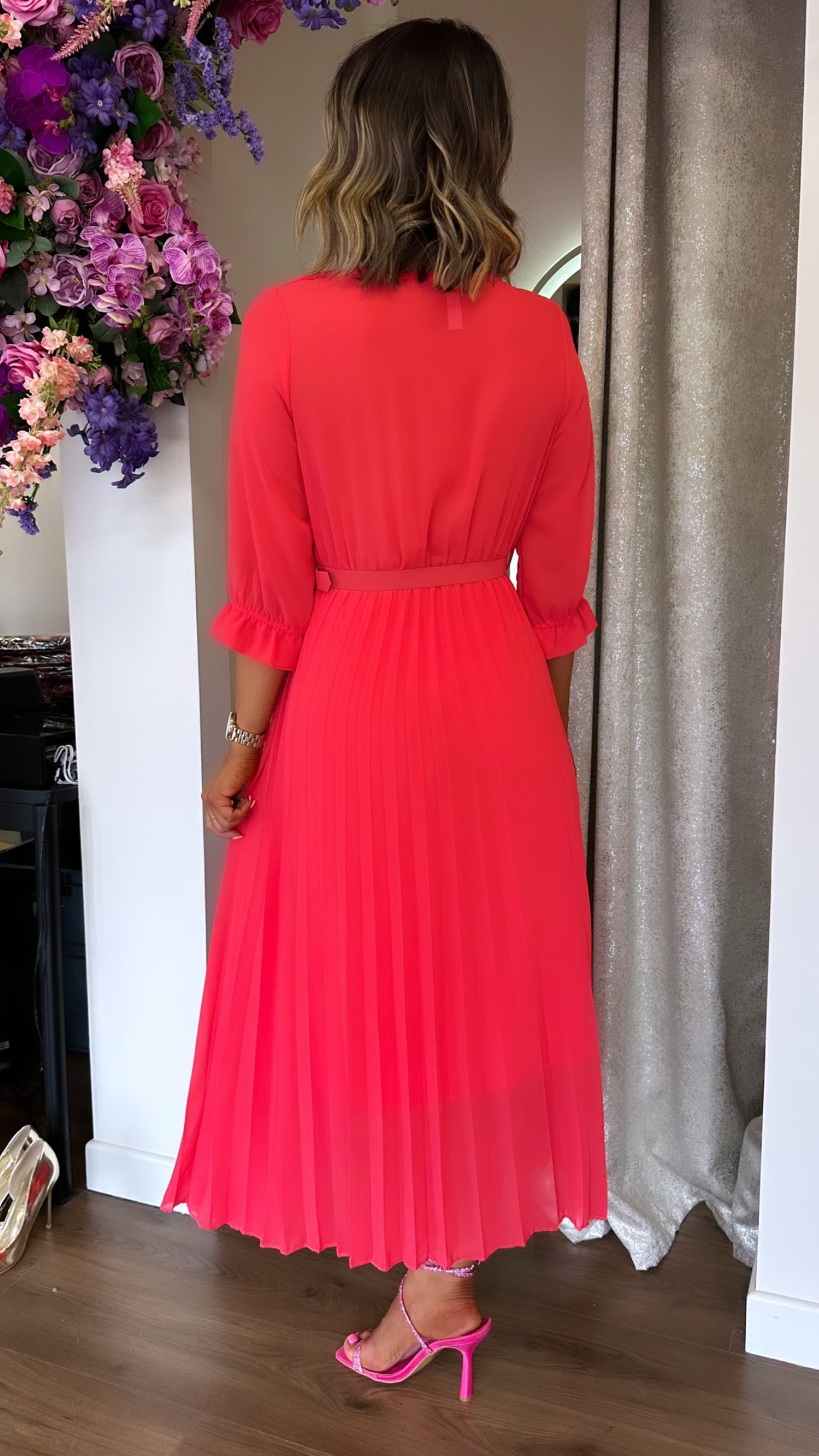 Faiza Raspberry Belted Pleated Skirt Midi Dress – Get That Trend