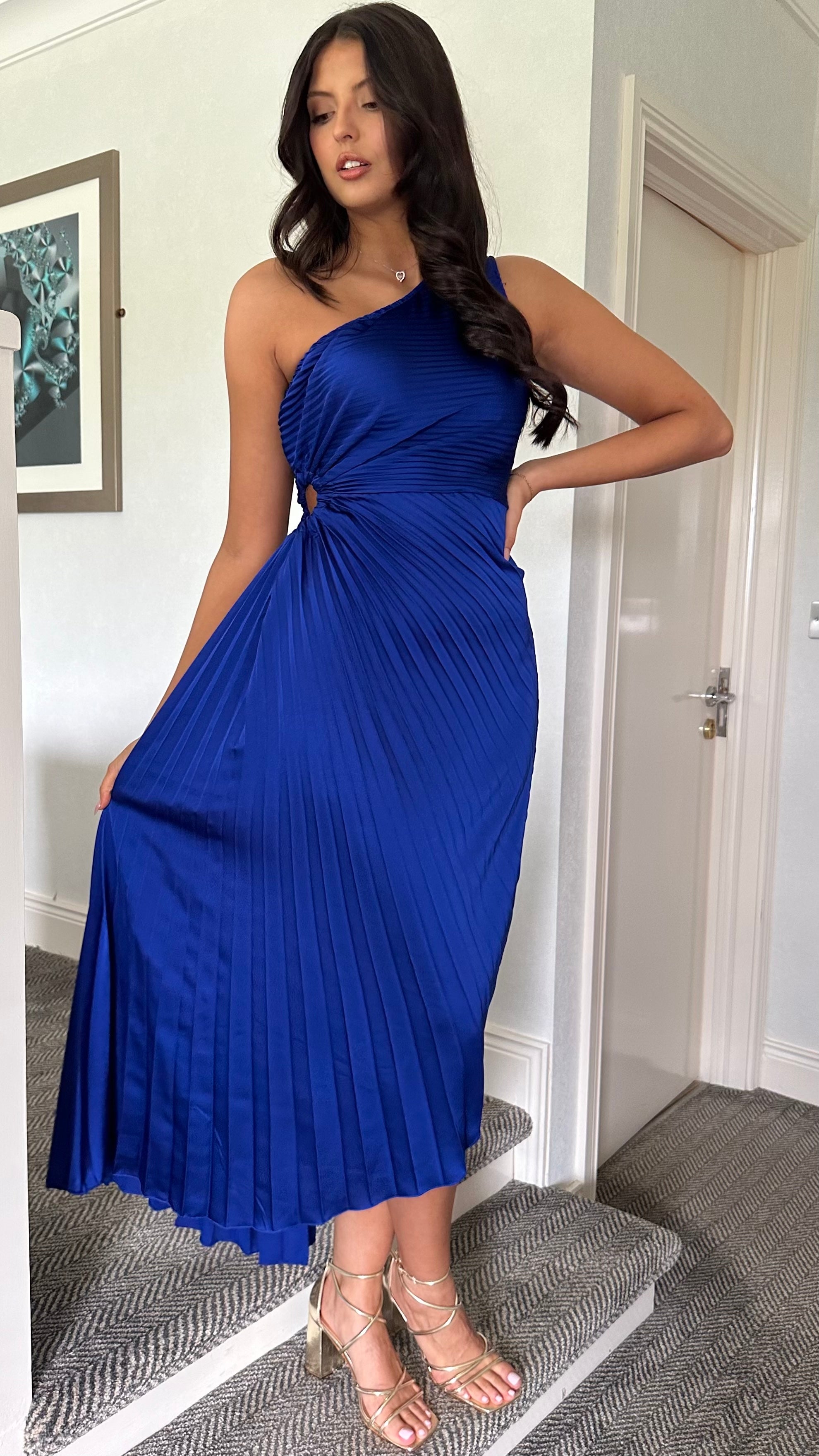 blue one shoulder dress