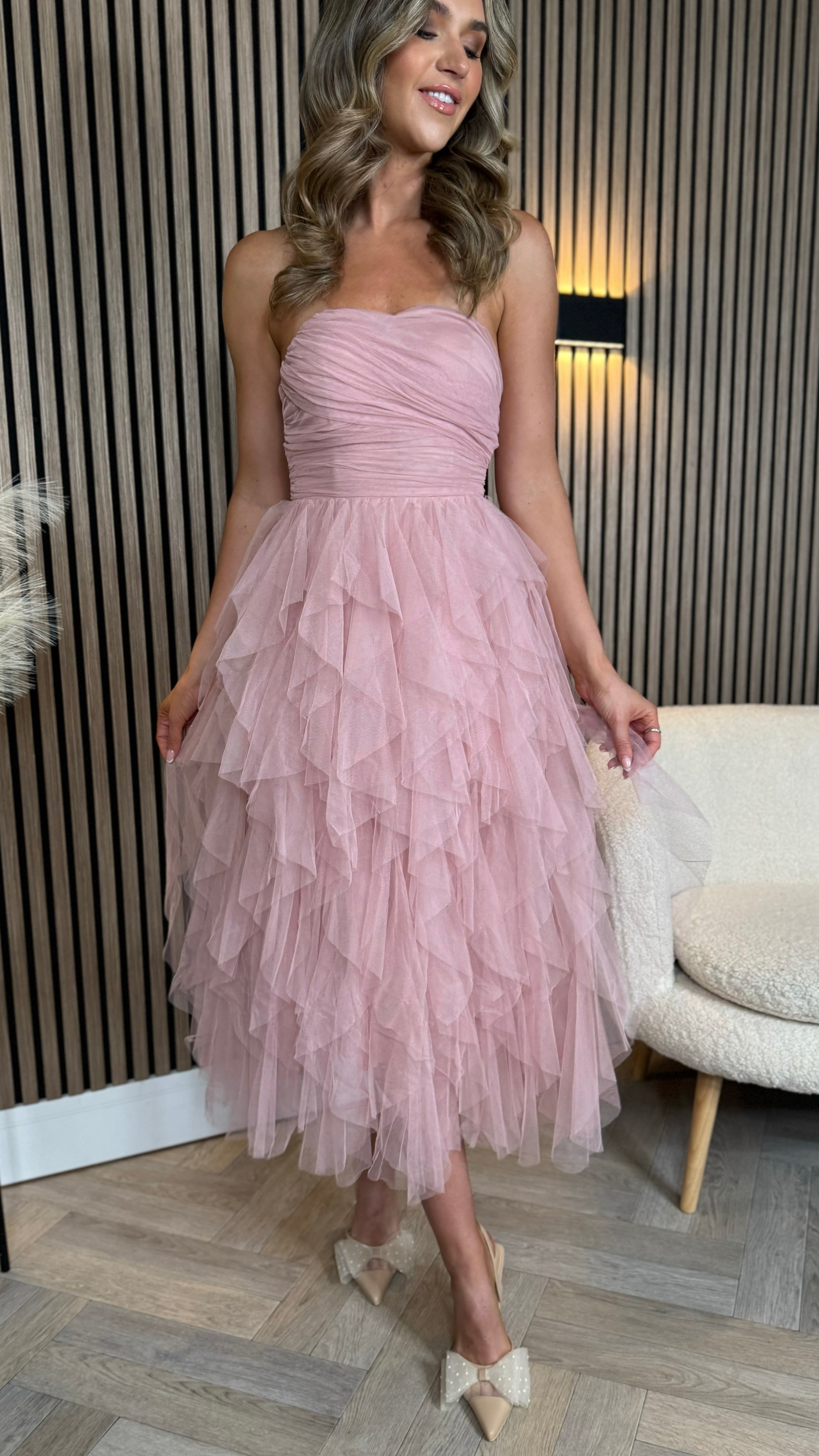 Lettie Dusky Pink Bandeau Ruffle Detail Midi Dress Get That Trend