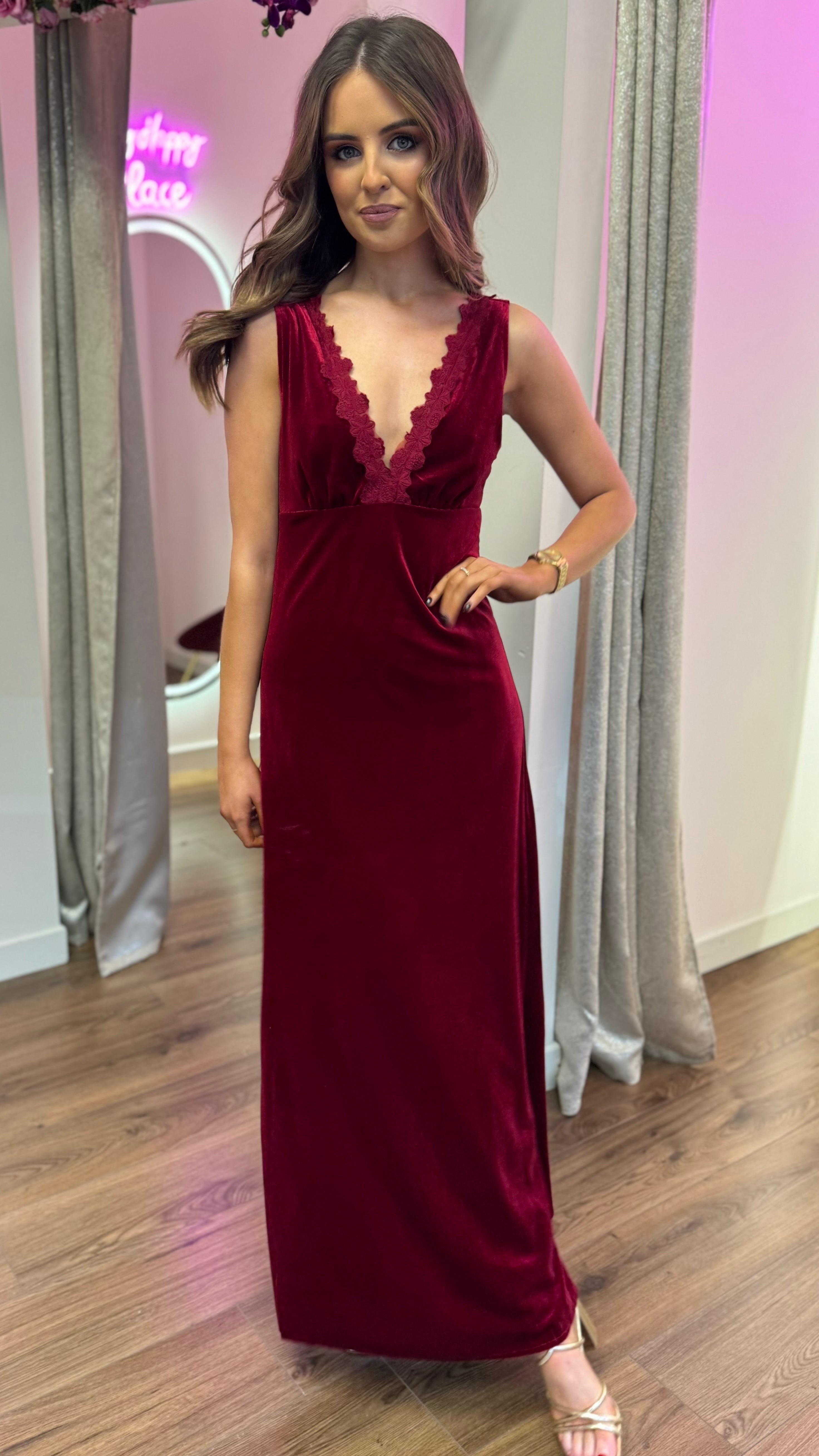 Burgundy velvet maxi dress online