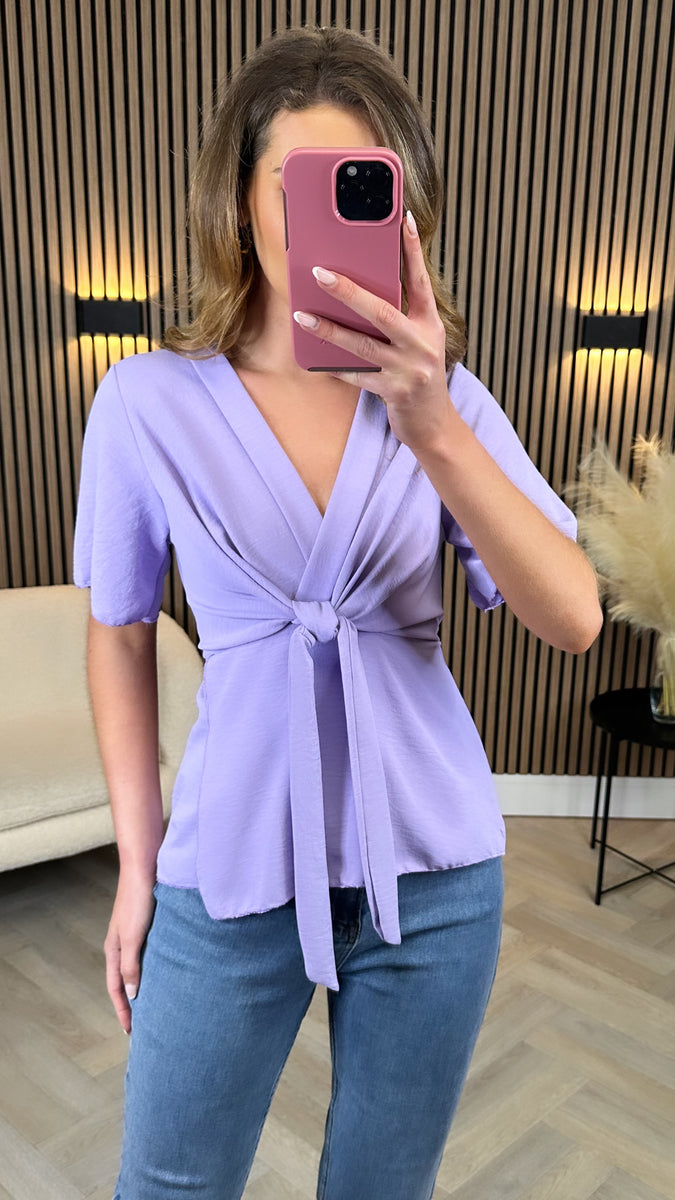 Karley Lilac Flutter Sleeve Tie Detail Top – Get That Trend