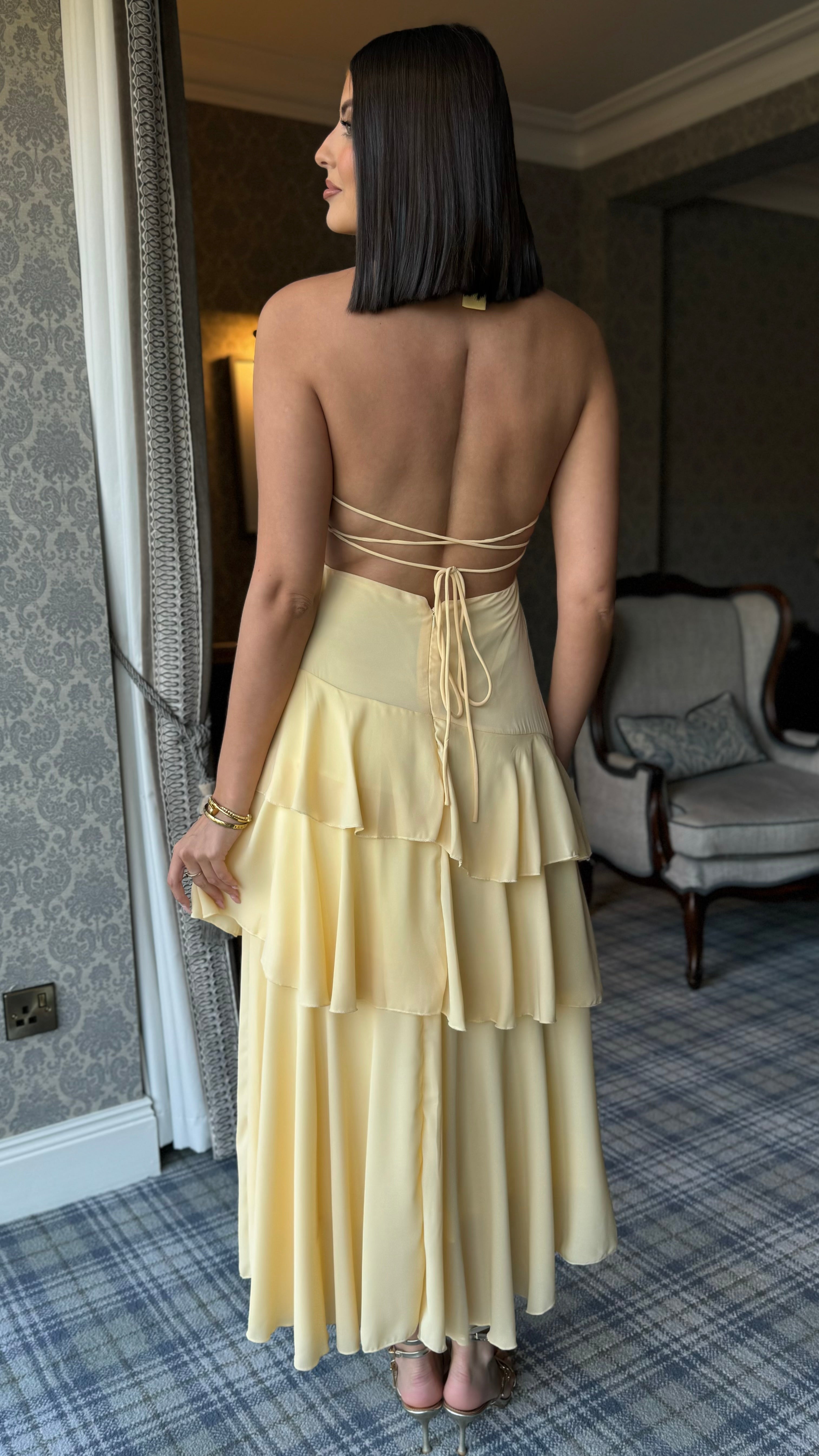 Lena Yellow Halterneck Tiered Backless Tie Detail Midi Dress – Get That  Trend