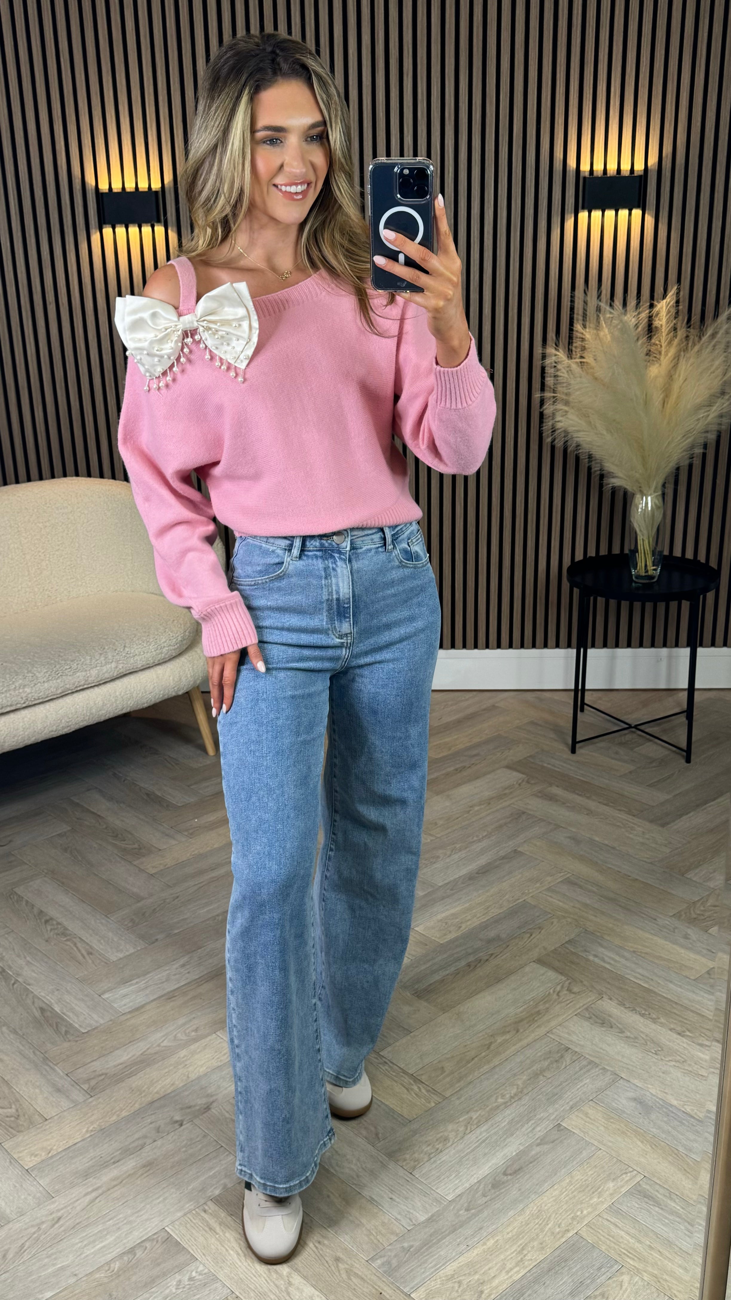 Samantha Pink One Shoulder Pearl Bow Detail Jumper Get That Trend