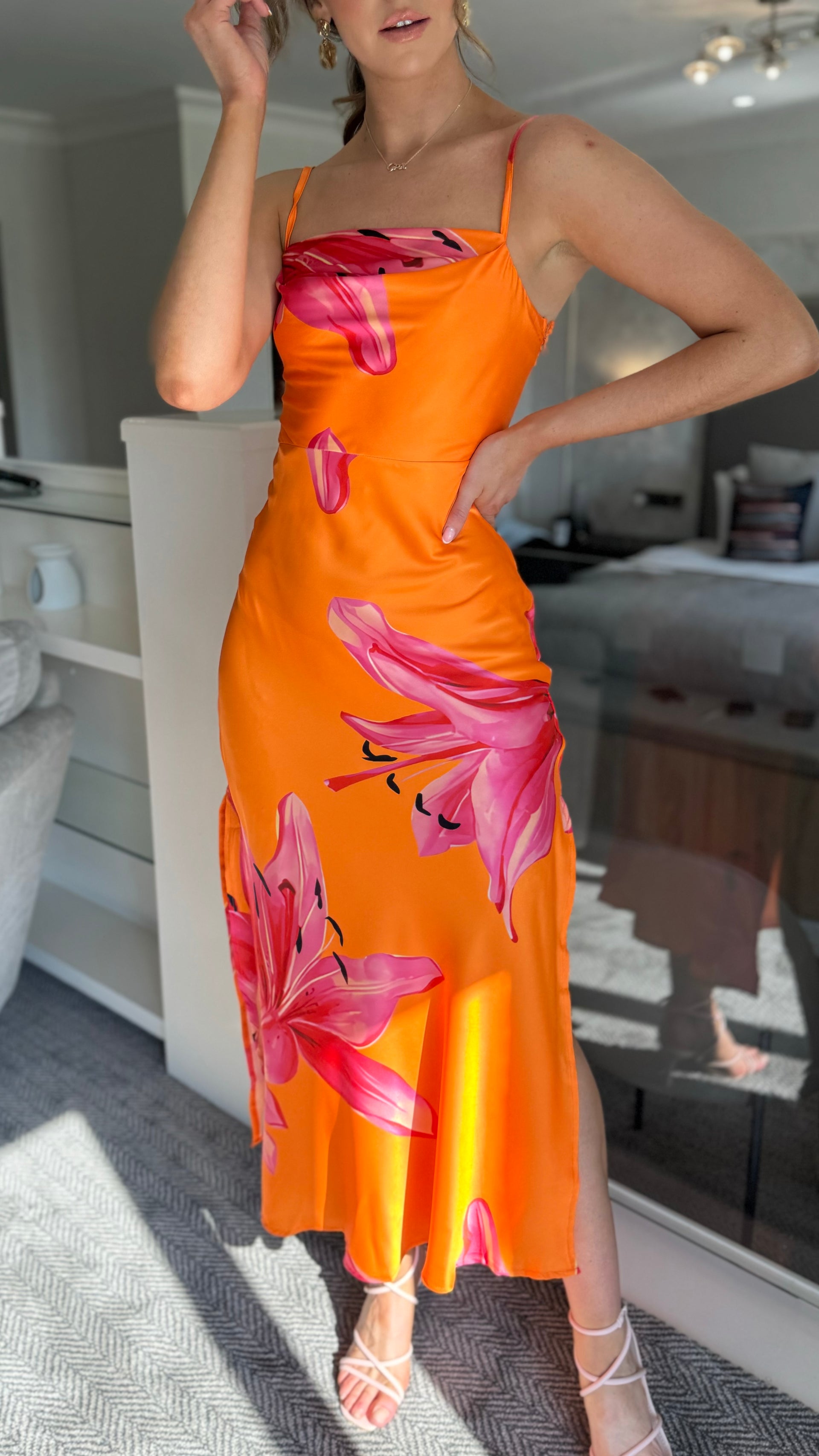 Mika Orange Pink Floral Print Strappy Slip Midi Dress – Get That