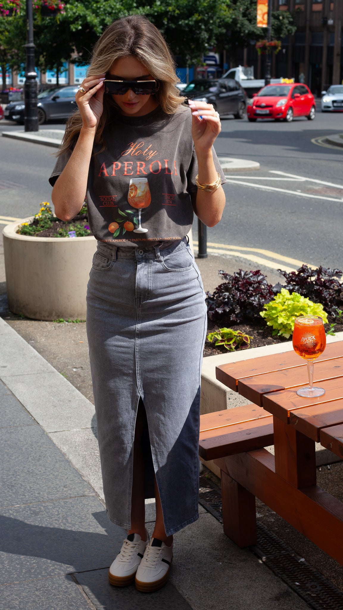 Gigi Grey Front Split Denim Midi Skirt Get That Trend