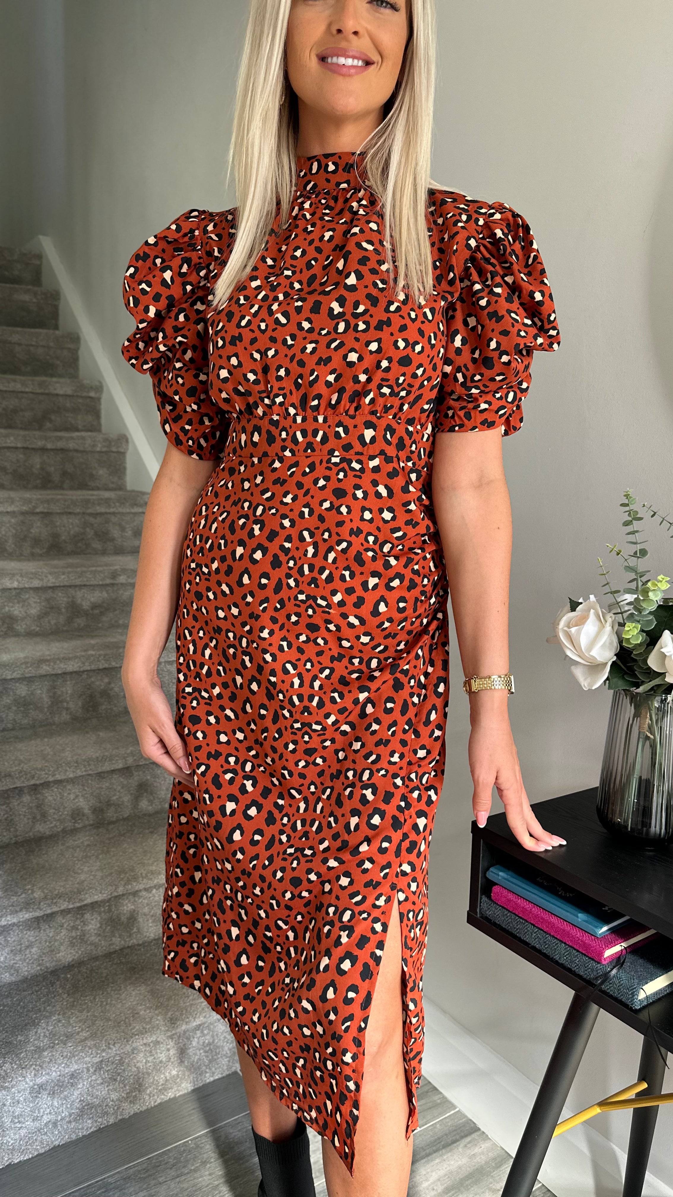 Leopard print puff sleeve dress online