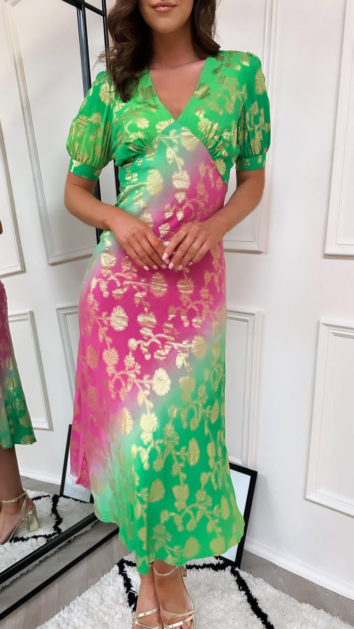 Bethany Green & Pink Printed V Neck Dress – Get That Trend