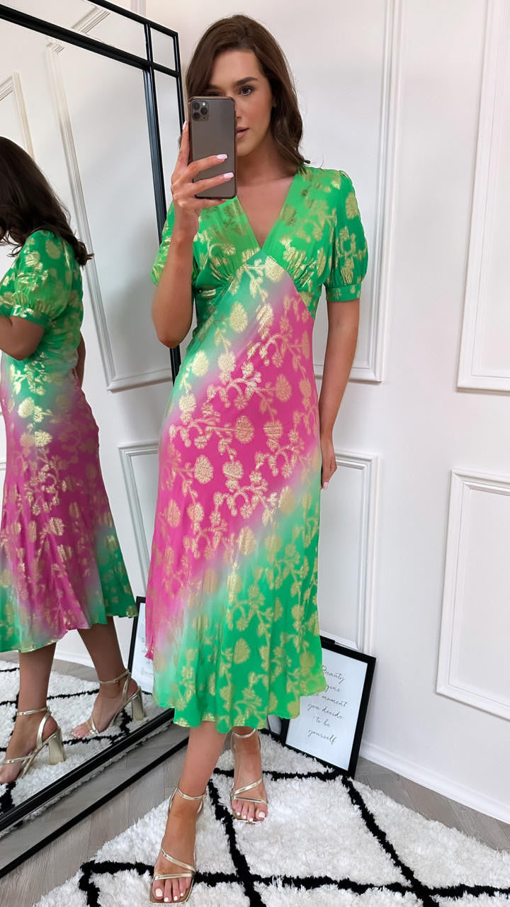 Bethany Green & Pink Printed V Neck Dress – Get That Trend