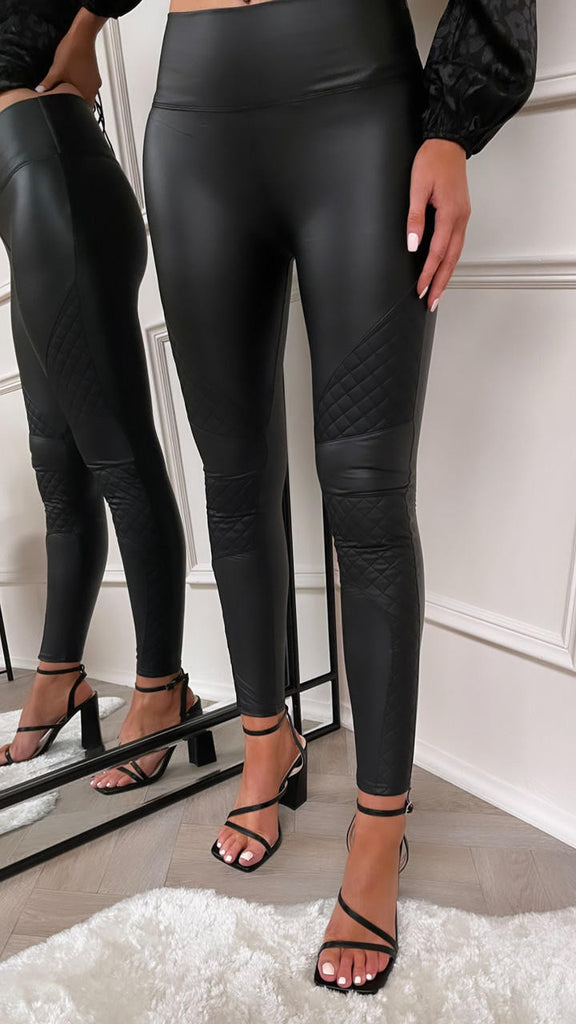 CC Ellie-Rae Black Quilted Panel Faux Leather Leggings 