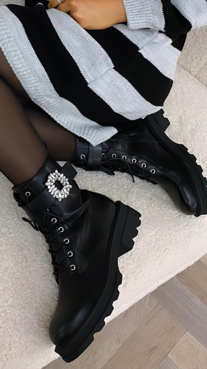 CC Irina Black Buckle Detail Ankle Boots 