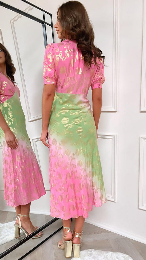 CC Nala Green & Pink Printed V Neck Dress 