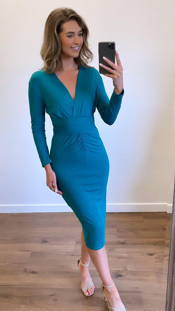 CC Rosaleen Teal Belted Ruched Midi Dress 