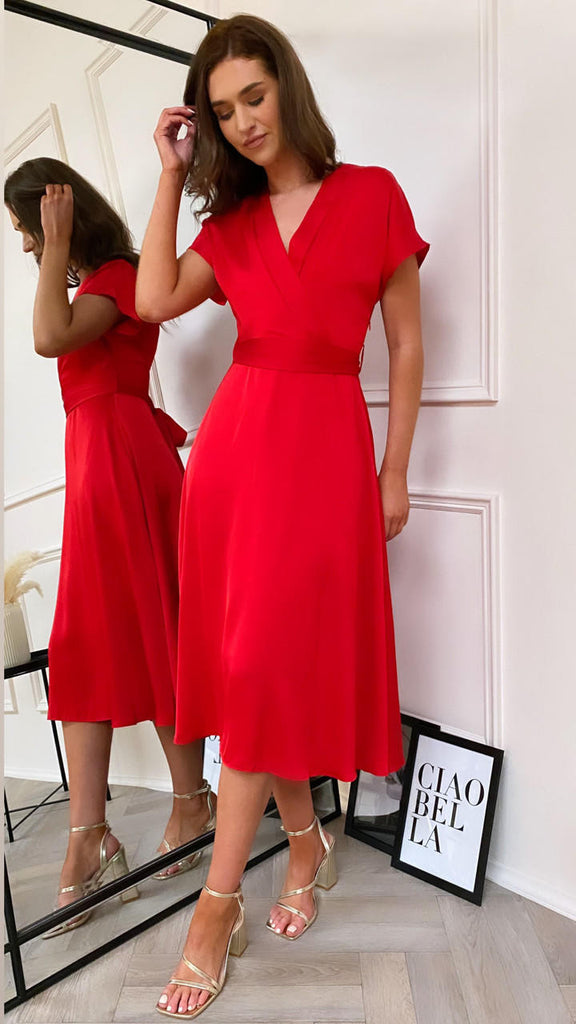 CC Sylvie Red Satin V Neck Midi Dress 