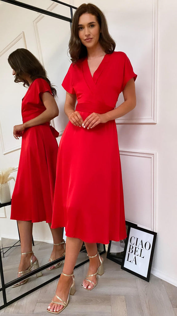 CC Sylvie Red Satin V Neck Midi Dress 
