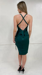 ES Lavish Alice Satin Cross Back Cowl Neck Midi Dress In Emerald Green