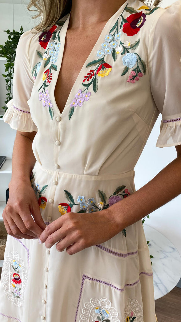 Get That Trend Ivory Embroidered Floral Midi Dress