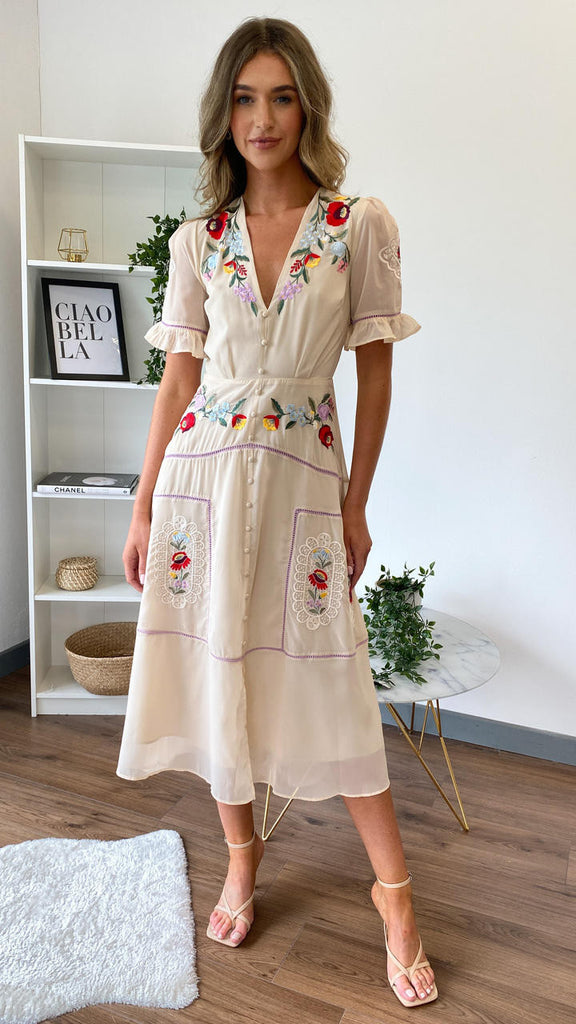 Get That Trend Ivory Embroidered Floral Midi Dress