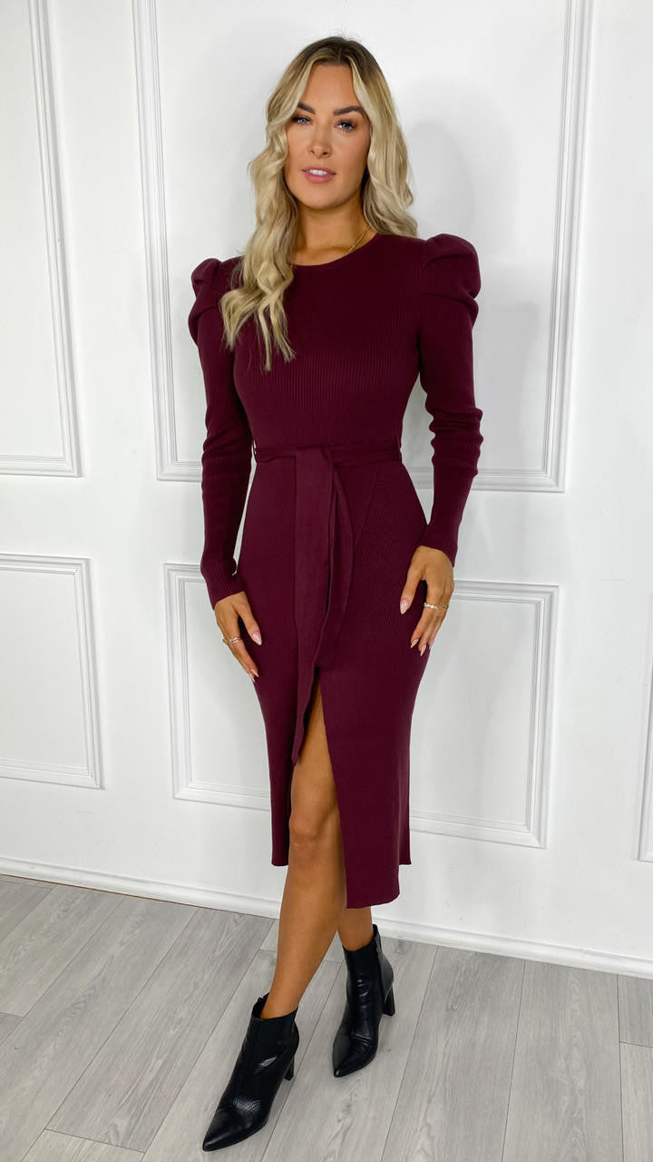 IL Hannah Burgundy Belted Knit Dress 