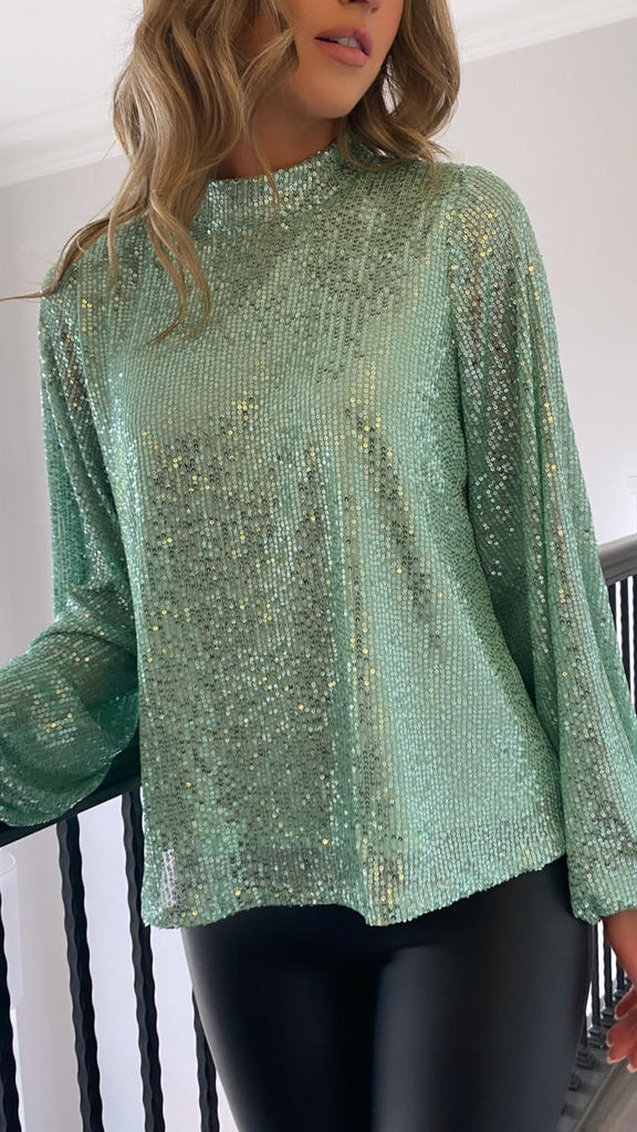 IL Ivy Lane Green Sequin Long Sleeve Top