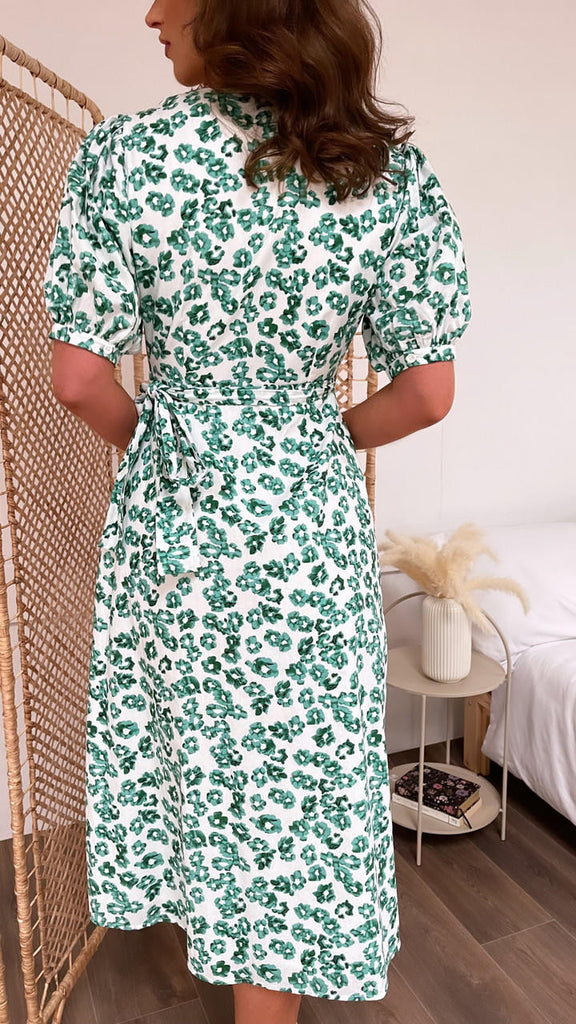 IL Lyla White & Green Floral Print Wrap Midi Dress 